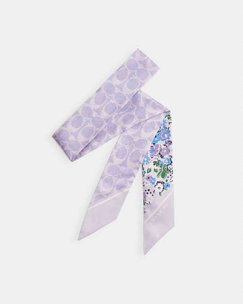 COACH®,FLORAL PRINT SILK SKINNY SCARF,Soft Purple,Front View