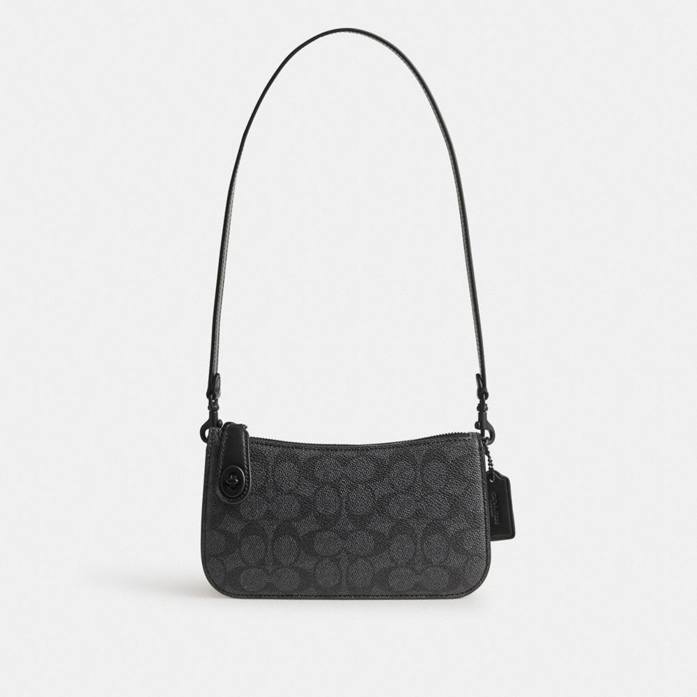 COACH®,PENN SHOULDER BAG IN SIGNATURE CANVAS,Coated Canvas,Mini,Matte Black/Charcoal/Black,Front View