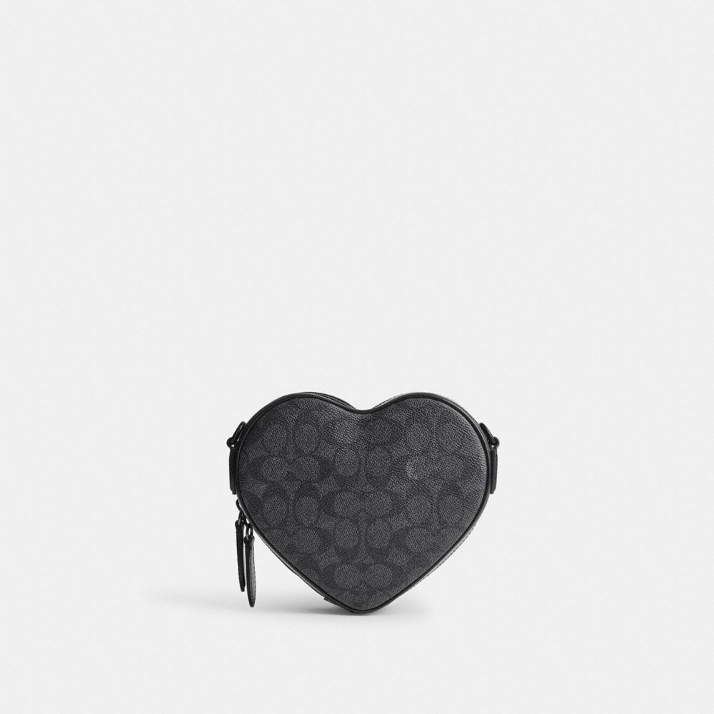 COACH®,Heart Crossbody Bag In Signature Canvas,Canvas,Leather,Crossbody,3D Embellishment,Day Party,Gray,Back View
