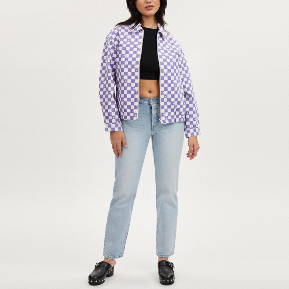 COACH®,CHECKERBOARD DENIM JACKET,White/Purple,Scale View