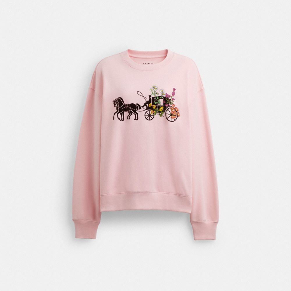 COACH®,GARDEN FLORAL HORSE AND CARRIAGE CREWNECK,Pink,Front View