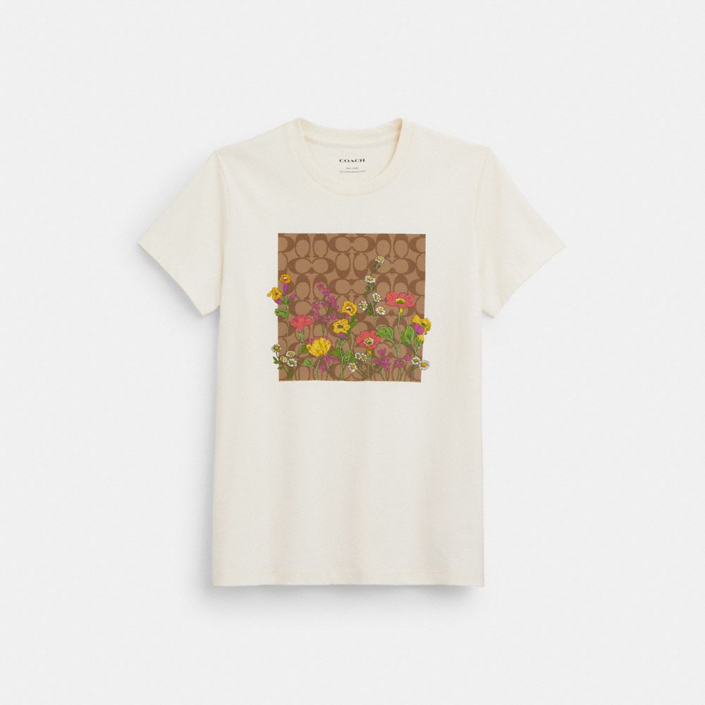 COACH®,GARDEN FLORAL SIGNATURE T-SHIRT IN ORGANIC COTTON,White,Front View image number 0