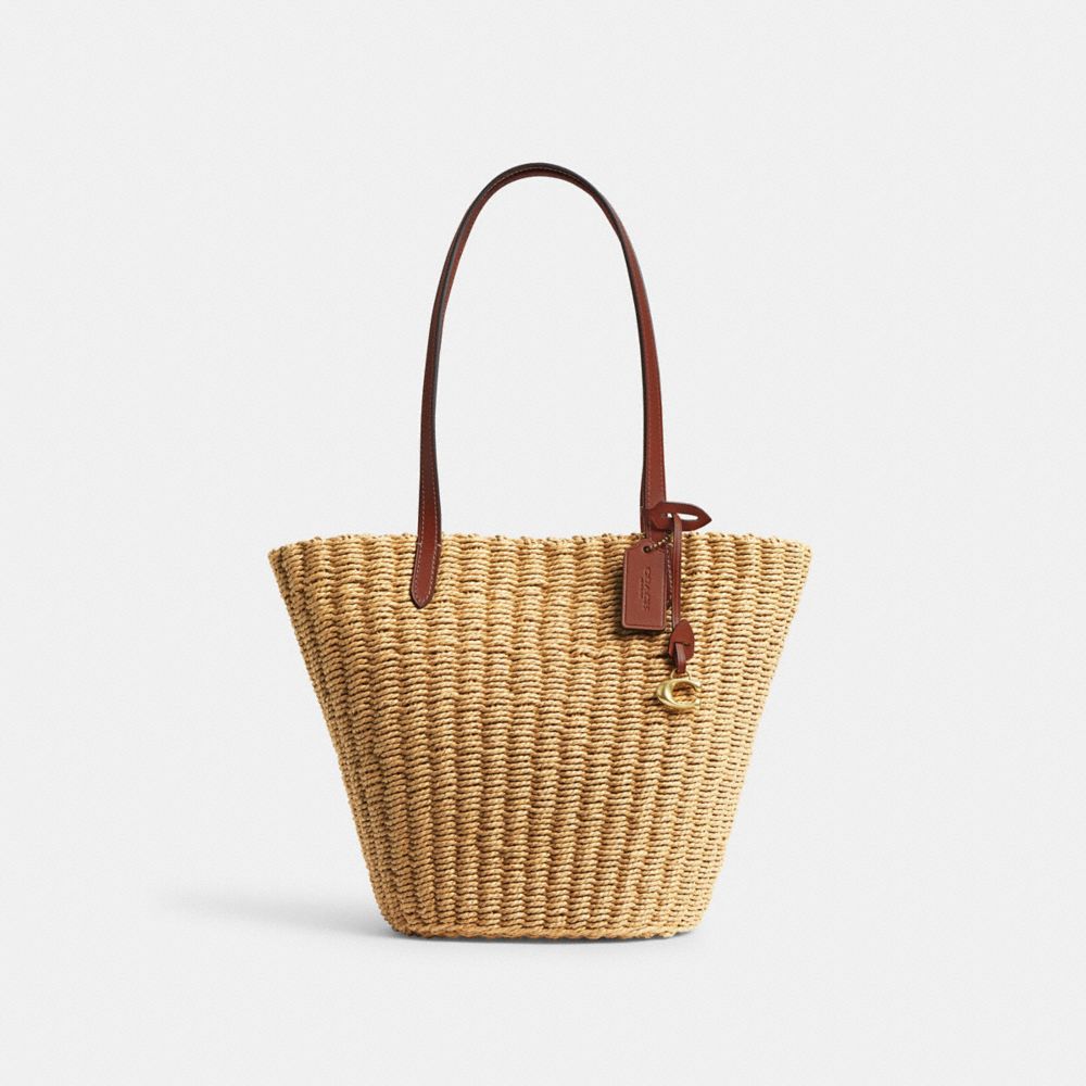 COACH®,SMALL STRAW TOTE,Straw,Medium,Brass/Dark Natural,Front View image number 0
