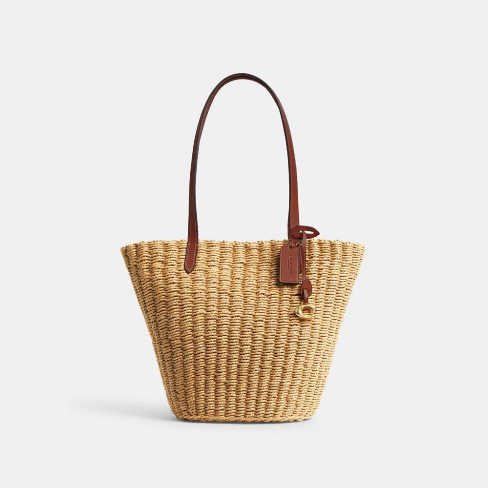 COACH®,SMALL STRAW TOTE,Medium,Brass/Dark Natural,Front View image number 0