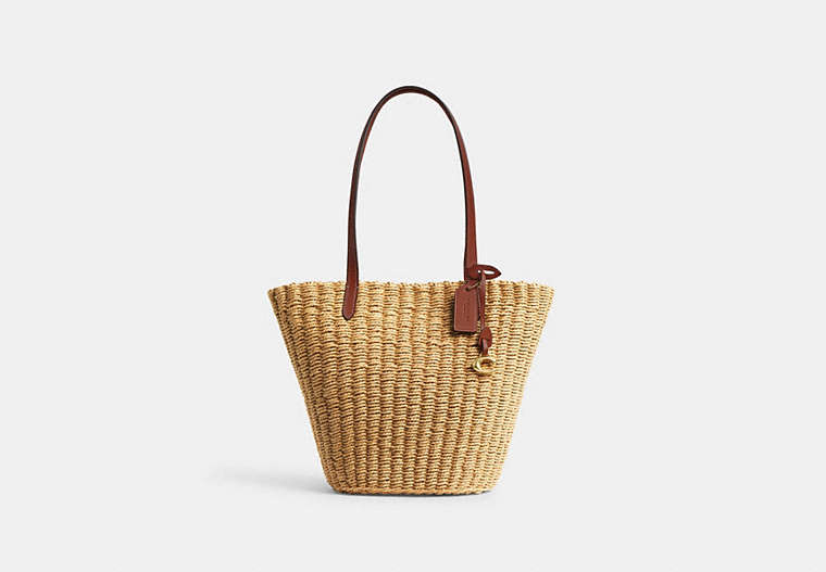 COACH®,SMALL STRAW TOTE,Medium,Brass/Dark Natural,Front View image number 0