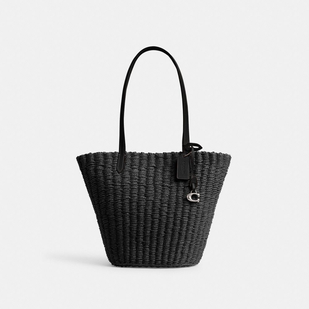 COACH®,SMALL STRAW TOTE,Medium,Silver/Black,Front View