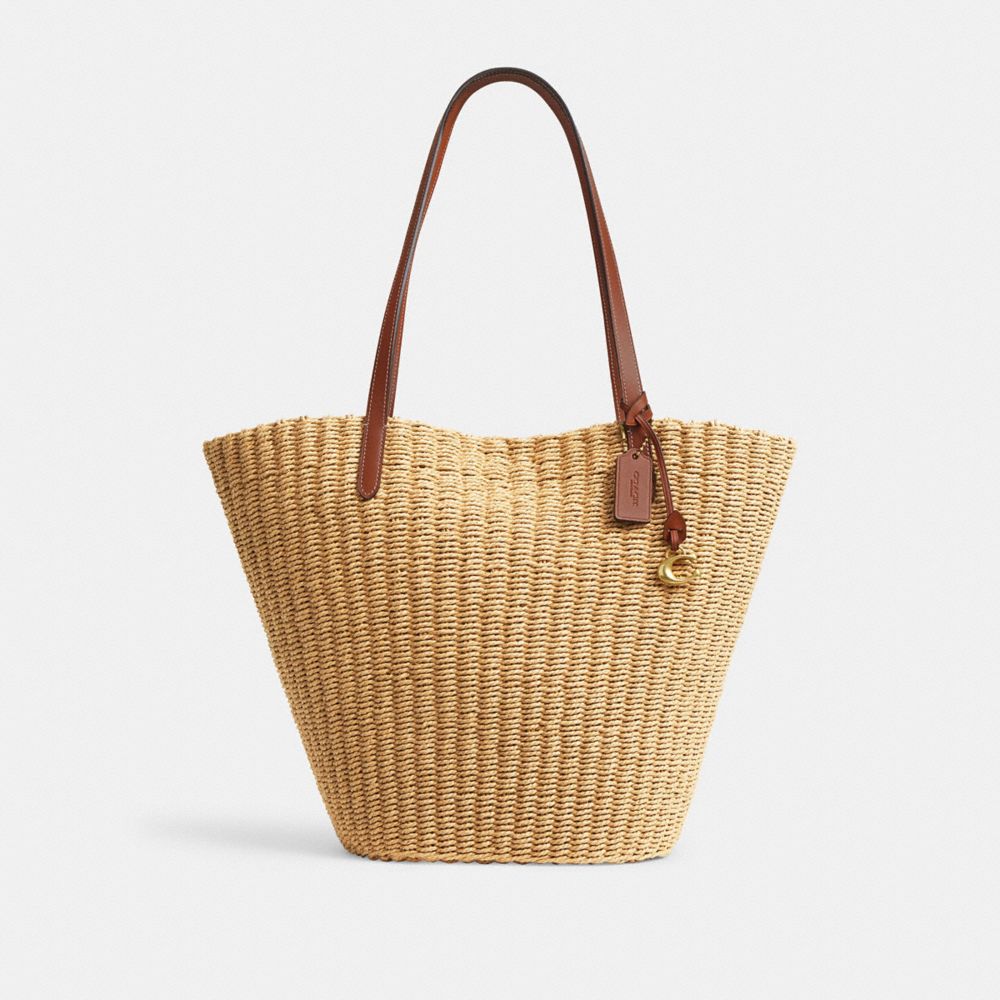 COACH®,STRAW TOTE,Straw,X-Large,Brass/Dark Natural,Front View