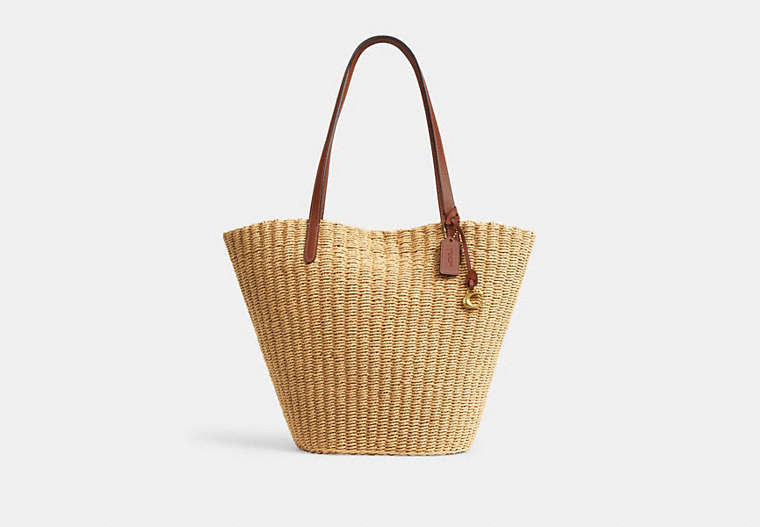 COACH®,STRAW TOTE,X-Large,Brass/Dark Natural,Front View image number 0