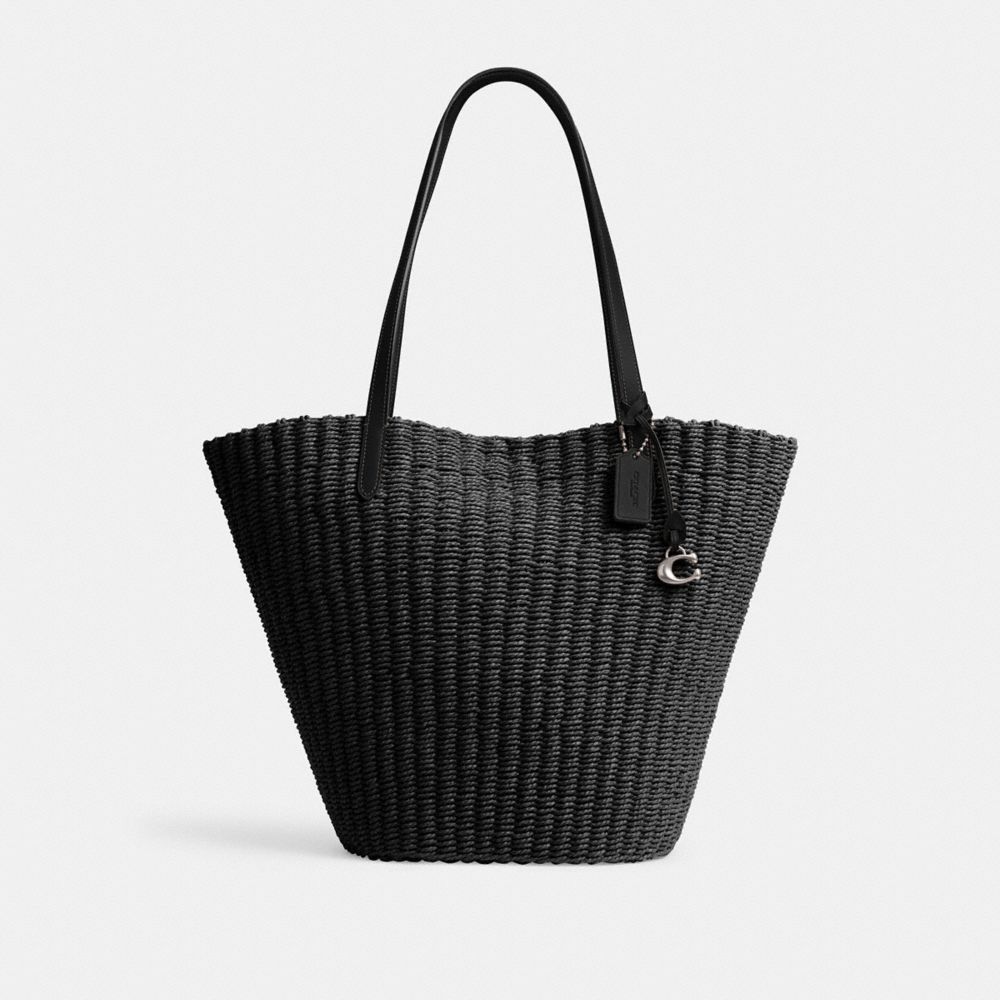 COACH®,STRAW TOTE,Straw,X-Large,Silver/Black,Front View