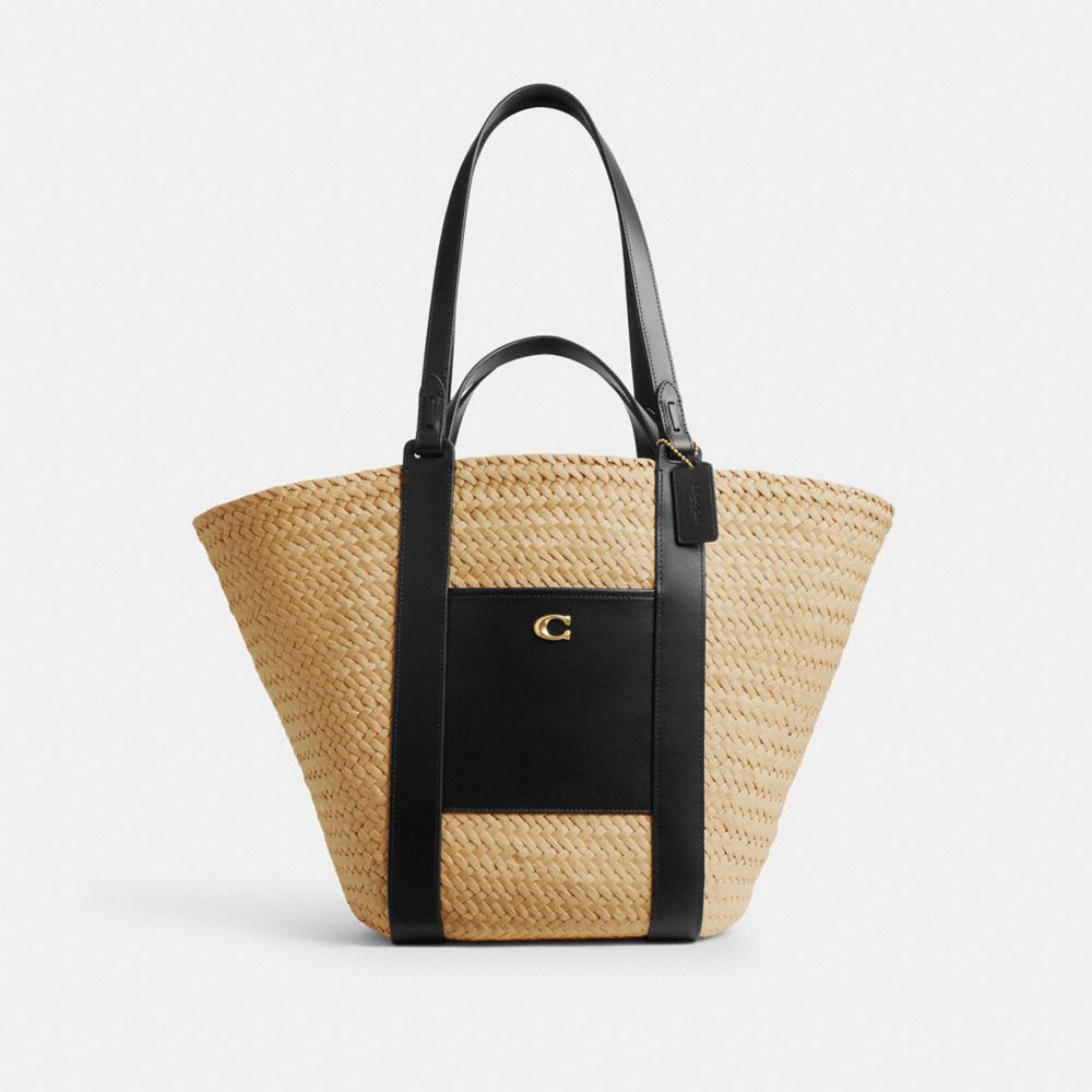 COACH®,STRAW POCKET TOTE,Straw,X-Large,Brass/Natural,Front View