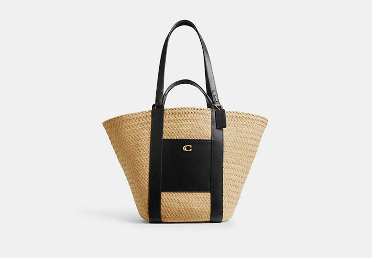 COACH®,STRAW POCKET TOTE,X-Large,Brass/Natural,Front View image number 0