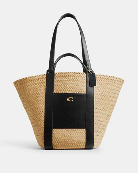 COACH®,STRAW POCKET TOTE,Brass/Natural,Front View