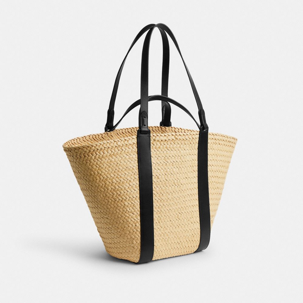 COACH®,Straw Pocket Tote,Leather,Tote,Straw,Embossed,Logo,Metal,Color Block,Day Party,Beige,Angle View