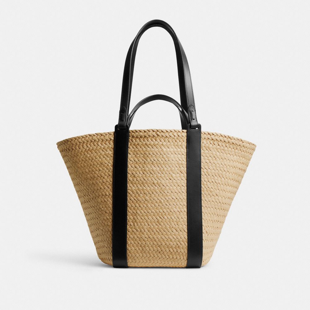 COACH®,Straw Pocket Tote,Leather,Tote,Straw,Embossed,Logo,Metal,Color Block,Day Party,Beige,Back View