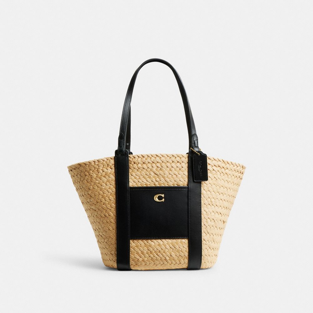 COACH®,SMALL STRAW POCKET TOTE,Brass/Natural,Front View image number 0