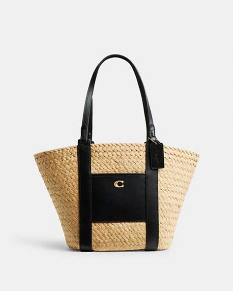 COACH®,SMALL STRAW POCKET TOTE,Brass/Natural,Front View