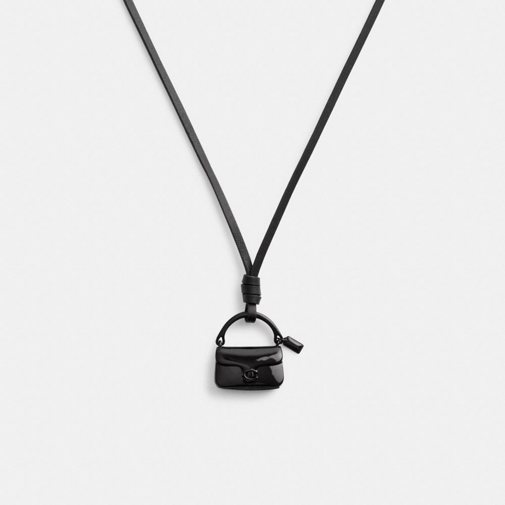 COACH®,HANDBAG LEATHER NECKLACE,Plated Brass,Black,Front View