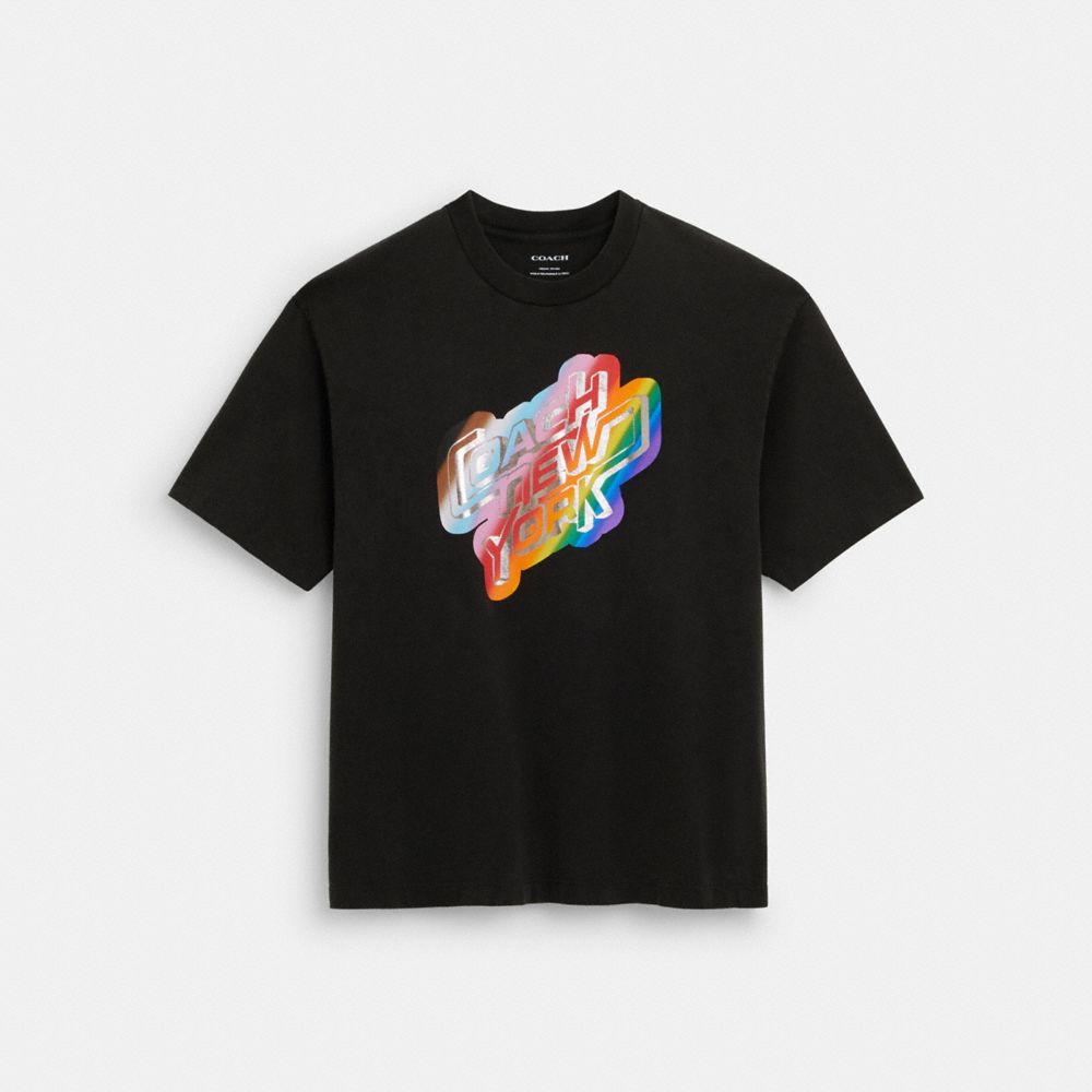 Nero slavato T Shirt New York Con Arcobaleno In Cotone Biologico