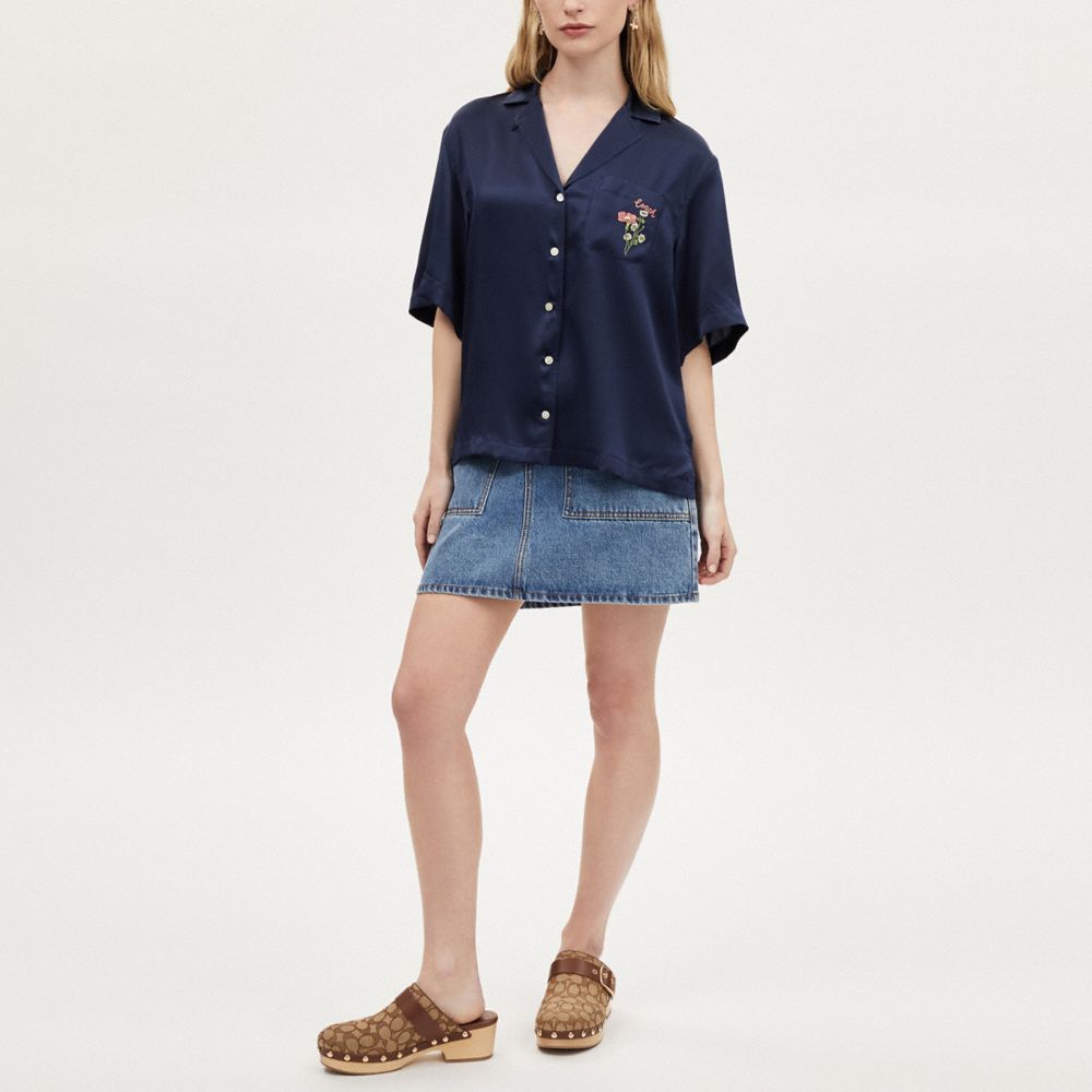 COACH®,ソリッド シルク トップ・フローラル エンブロイダリー,トップス&ワンピース,ﾈｲﾋﾞｰ