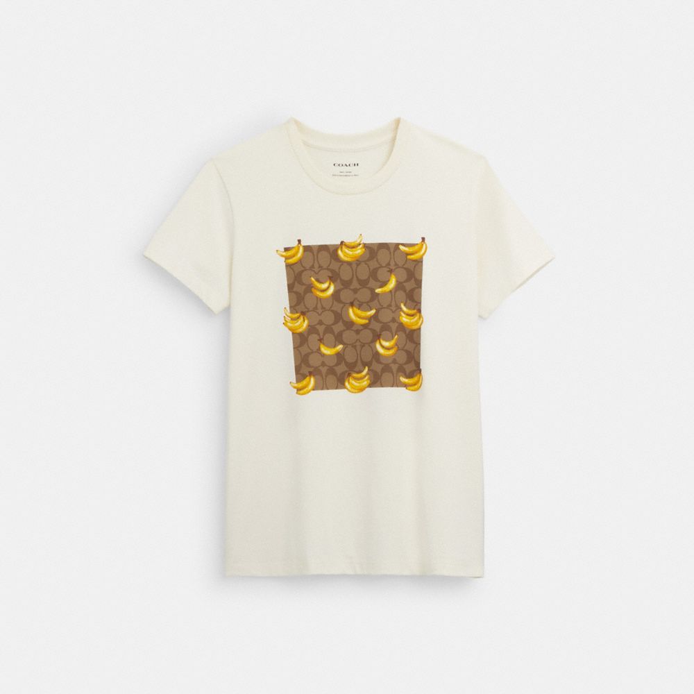 COACH®,BANANA PRINT SIGNATURE T-SHIRT IN ORGANIC COTTON,White,Front View image number 0