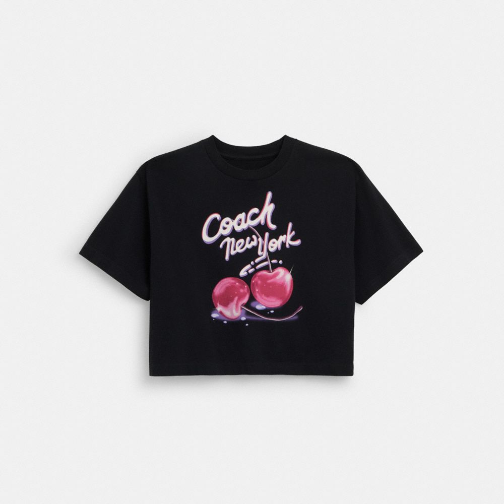 COACH®,AIRBRUSHED CHERRY PRINT CROPPED T-SHIRT IN ORGANIC COTTON,Black,Front View
