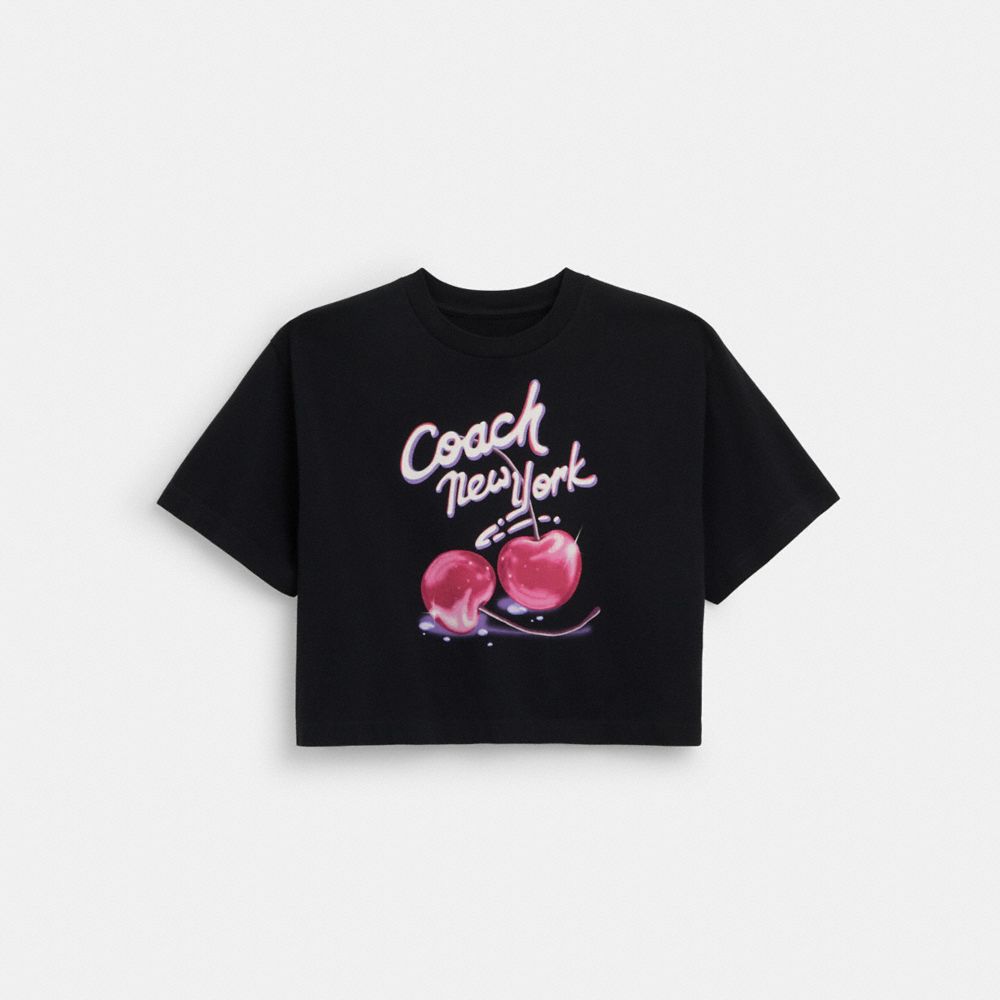 COACH®,エアーブラッシュド チェリー プリント クロップド Tシャツ,トップス&ワンピース,ﾌﾞﾗｯｸ