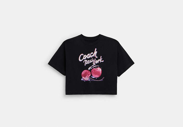 COACH®,AIRBRUSHED CHERRY PRINT CROPPED T-SHIRT IN ORGANIC COTTON,Black,Front View image number 0