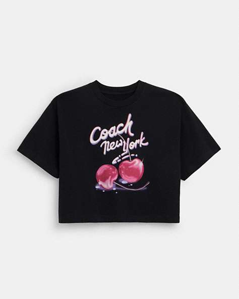 COACH®,AIRBRUSHED CHERRY PRINT CROPPED T-SHIRT IN ORGANIC COTTON,Black,Front View