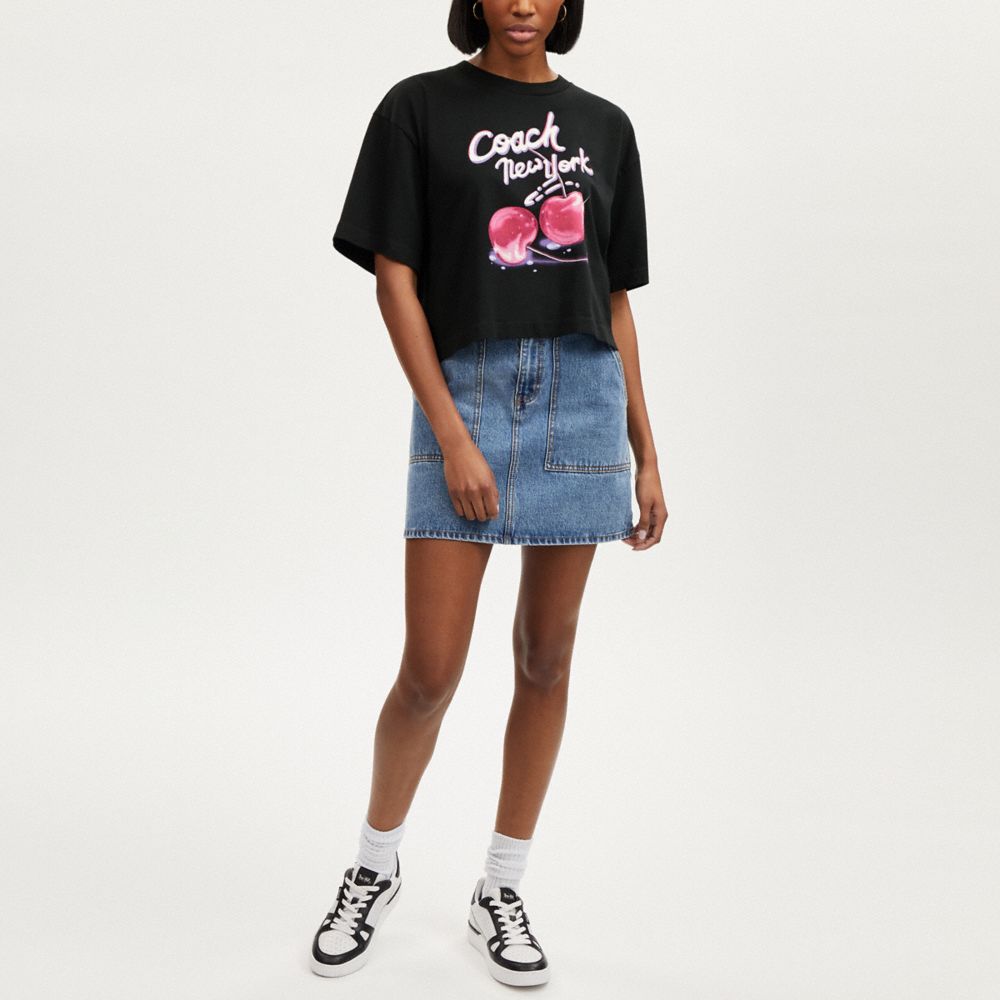 COACH®,AIRBRUSHED CHERRY PRINT CROPPED T-SHIRT IN ORGANIC COTTON,Black,Scale View
