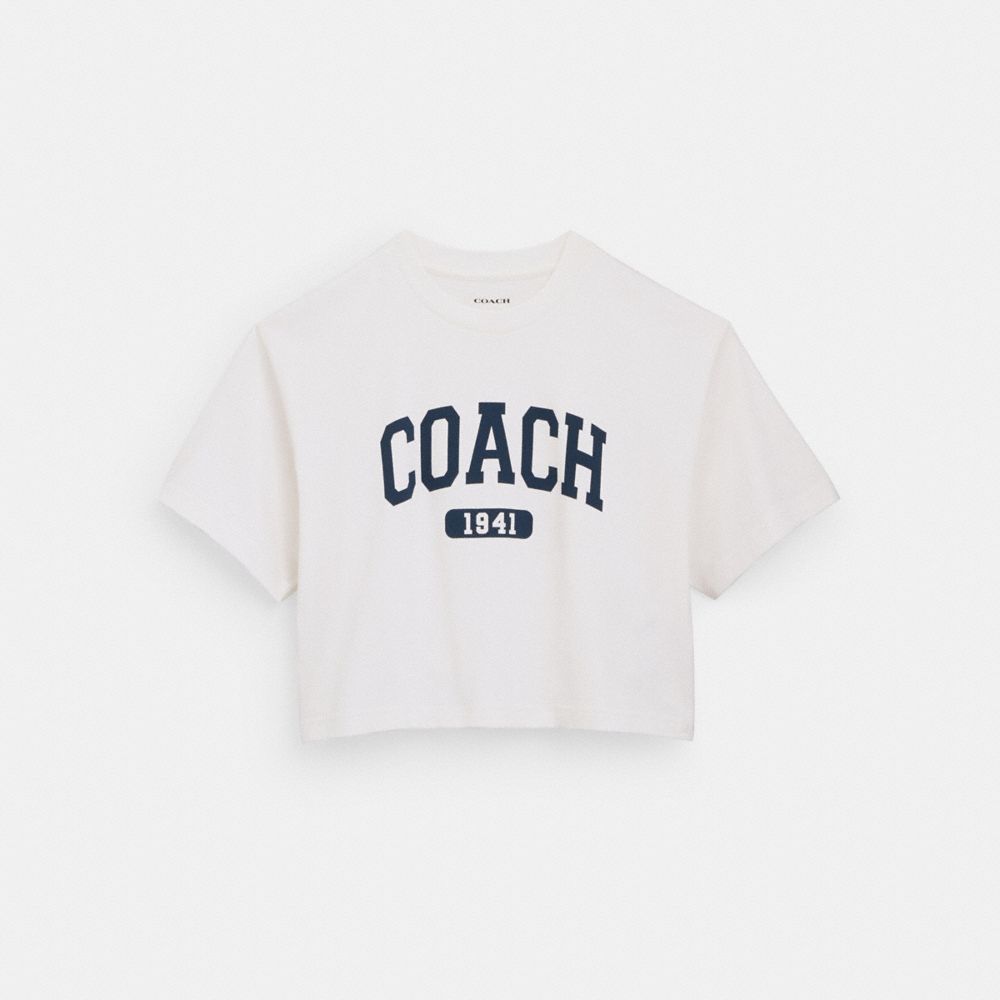 COACH®,VARSITY CROPPED T-SHIRT IN ORGANIC COTTON,White,Front View