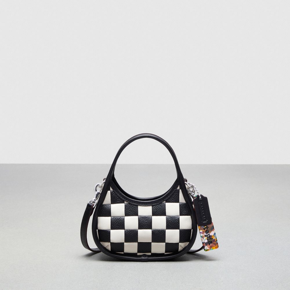 COACH®,Mini Ergo Bag With Crossbody Strap In Checkerboard Upcrafted Leather,Upcrafted Leather™,Mini,Checkerboard,Black/Chalk,Front View
