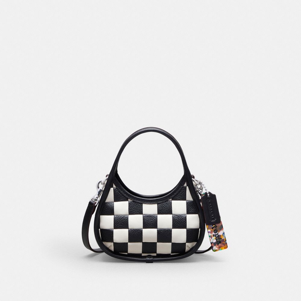 COACH®,Mini Ergo Bag With Crossbody Strap In Checkerboard Upcrafted Leather,Upcrafted Leather™,Mini,Checkerboard,Black/Chalk,Front View