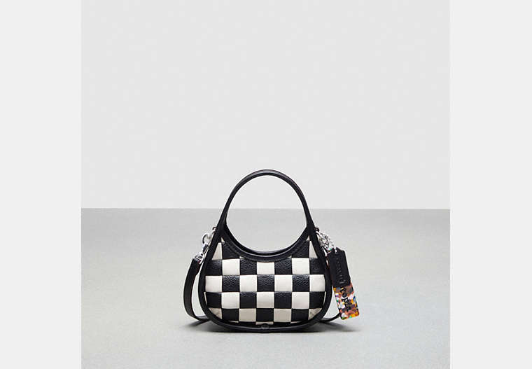 COACH®,Mini Ergo Bag with Crossbody Strap in Checkerboard Upcrafted Leather,Upcrafted Leather™,Mini,Checkerboard,Black/Chalk,Front View