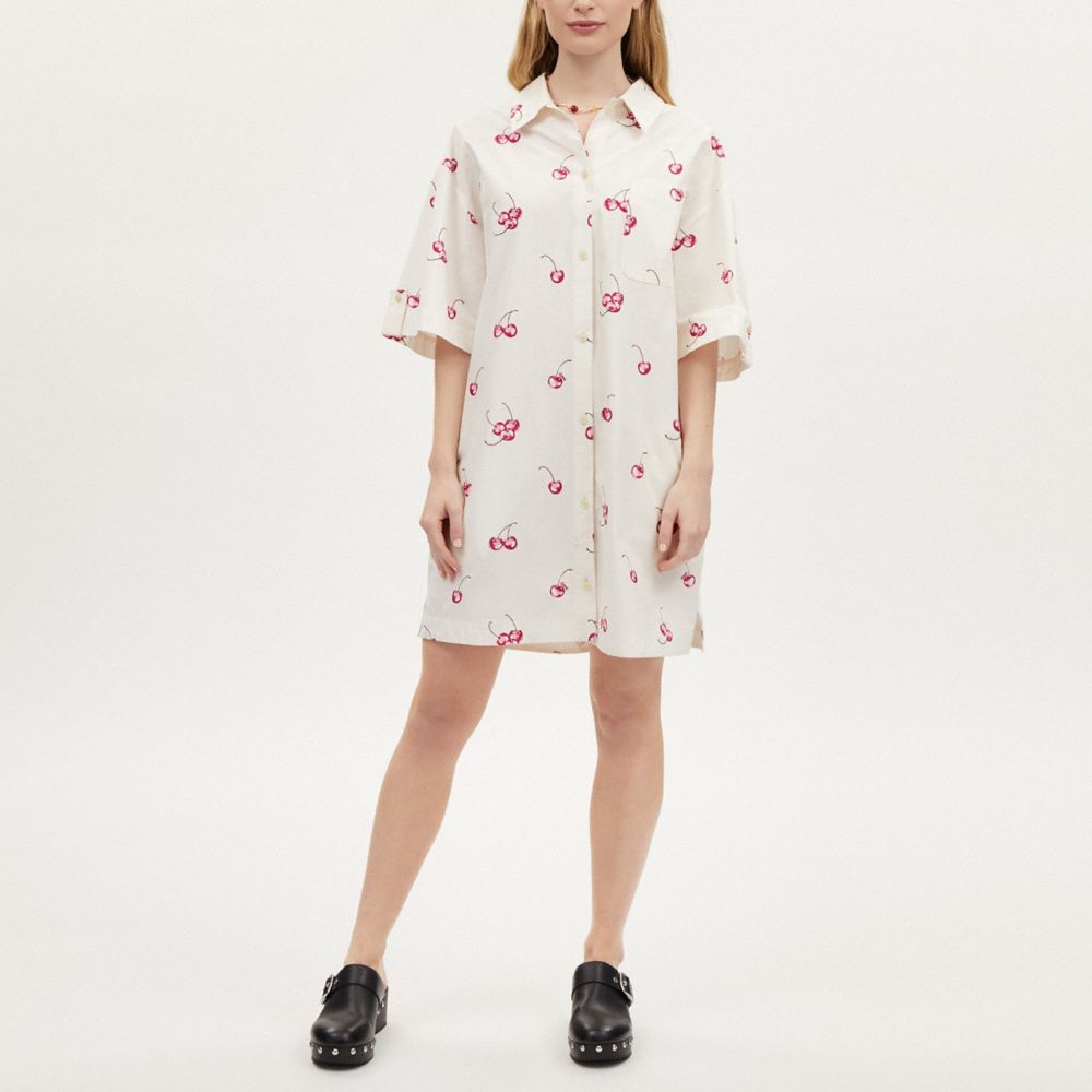 COACH®,CHERRY PRINT BUTTON FRONT SHORT DRESS IN ORGANIC COTTON,Cream Multi,Scale View