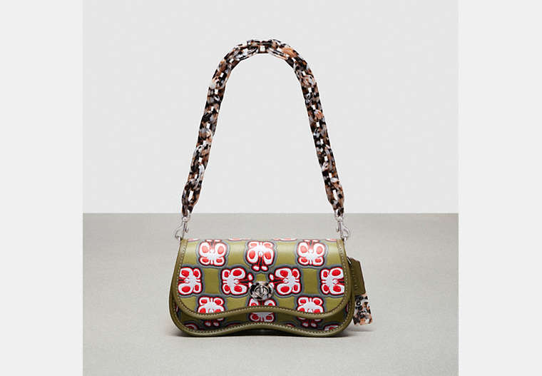 COACH®,Wavy Dinky Bag in Coachtopia Leather: Butterfly Print,Coachtopia Leather,Small,Checkerboard,Olive Green Multi,Front View image number 0