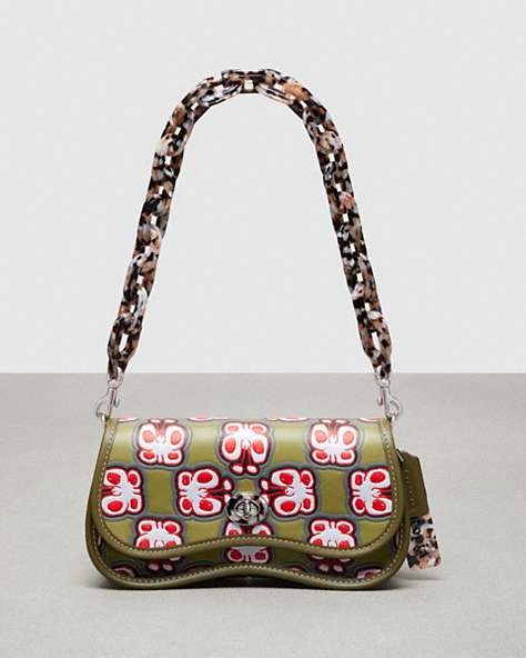 COACH®,Wavy Dinky Bag in Coachtopia Leather: Butterfly Print,Coachtopia Leather,Small,Checkerboard,Olive Green Multi,Front View
