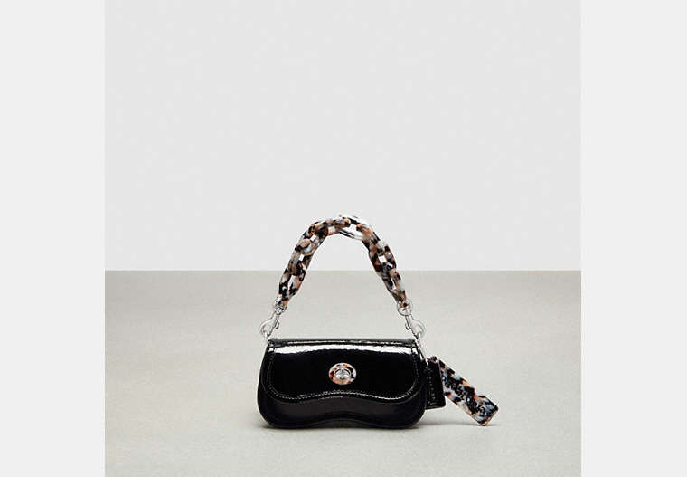 COACH®,Mini Wavy Dinky Bag with Crossbody Strap in Crinkled Patent Leather,Coachtopia Leather,Mini,Black,Front View