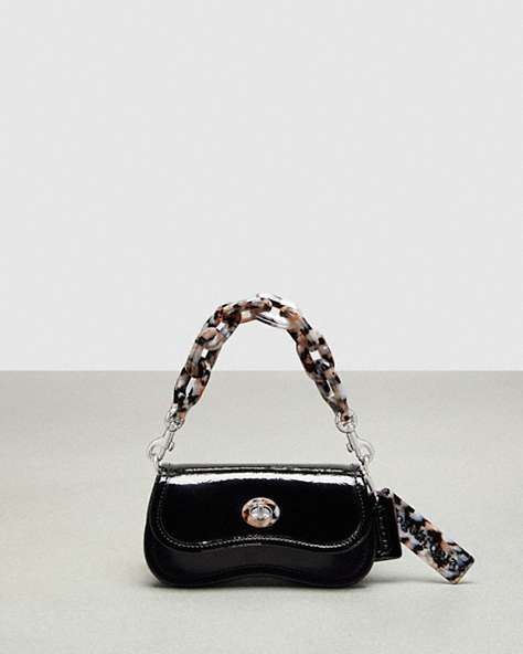 COACH®,Mini Wavy Dinky Bag with Crossbody Strap in Crinkled Patent Leather,Coachtopia Leather,Mini,Black,Front View