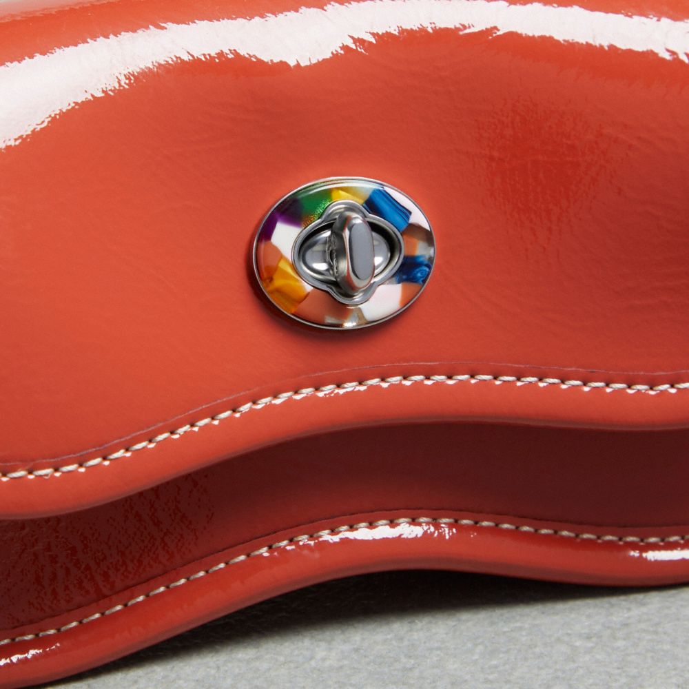 COACH®,Mini Wavy Dinky Bag In Crinkle Patent Coachtopia Leather,Leather,Shoulder Bag,Logo,Chain Detail,Day Party,Burnt Orange,Closer View