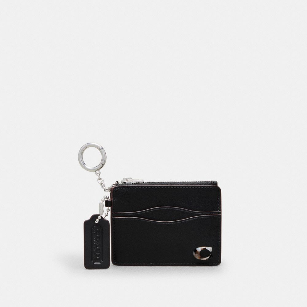 COACH®,Wavy Zip Card Case With Key Ring In Smooth Coachtopia Leather,Small,Black,Front View