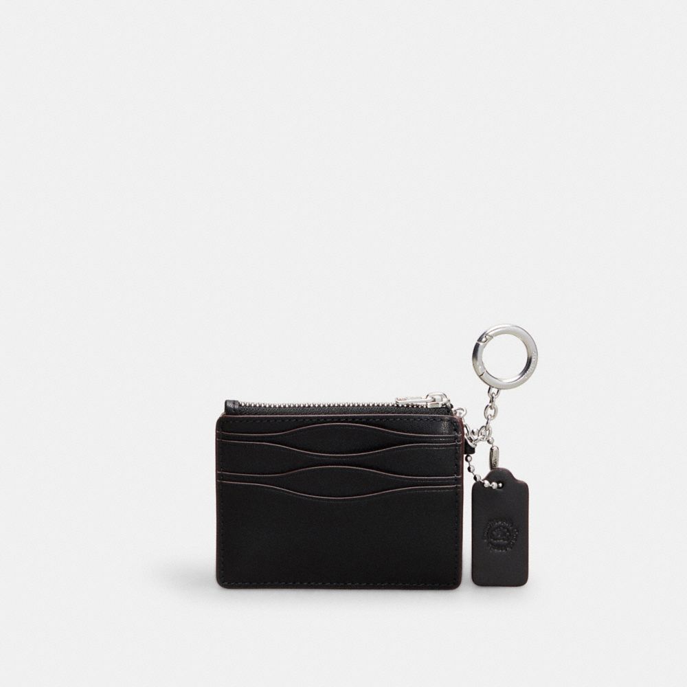 COACH®,Wavy Zip Card Case With Key Ring In Smooth Coachtopia Leather,Small,Black,Back View