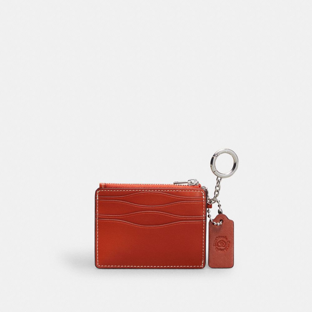 COACH®,Wavy Zip Card Case In Coachtopia Leather With Key Ring,Leather,Card Case,Coin,Key Chain,Metal,Logo,Key Ring,Casual,Brown,Burnt Orange,Back View