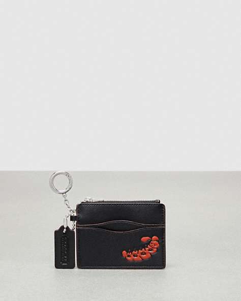COACH®,Étui-cartes à zip ondulé avec anneau-clés en cuir Coachtopia : Motif chenille,Noir,Front View