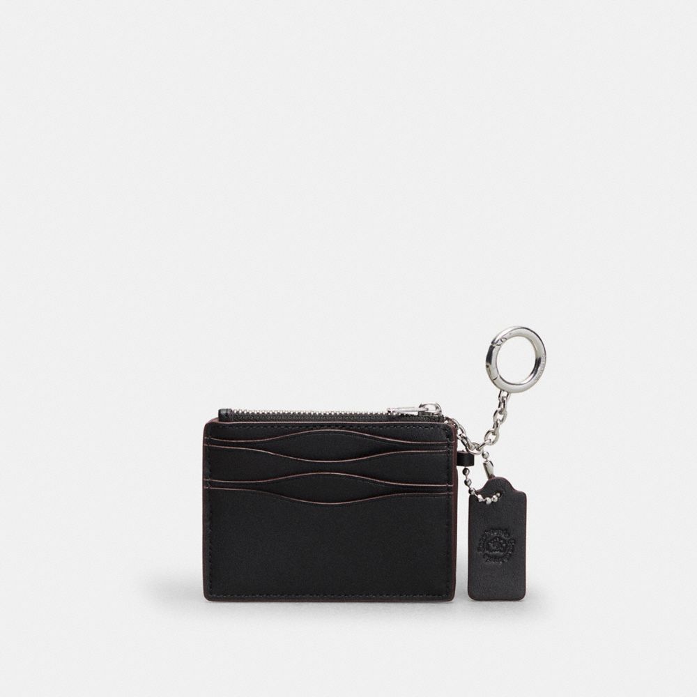 COACH®,Wavy Zip Card Case With Caterpillar Print In Coachtopia Leather With Key Ring,Leather,Card Case,Embossed,Logo,Key R...,Black,Back View