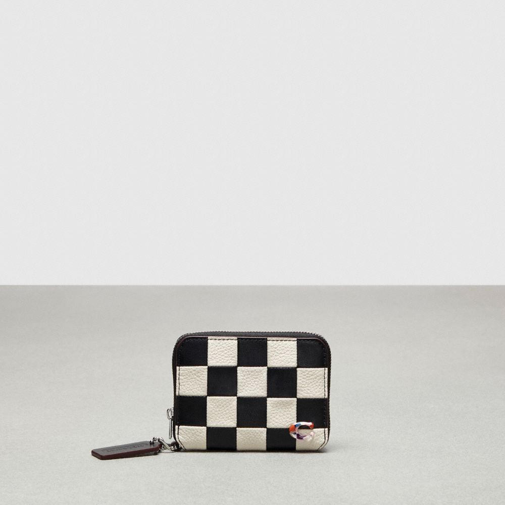 COACH®,Zip Around Wallet In Checkerboard Upcrafted Leather,Mini,Checkerboard,Black/Chalk,Front View