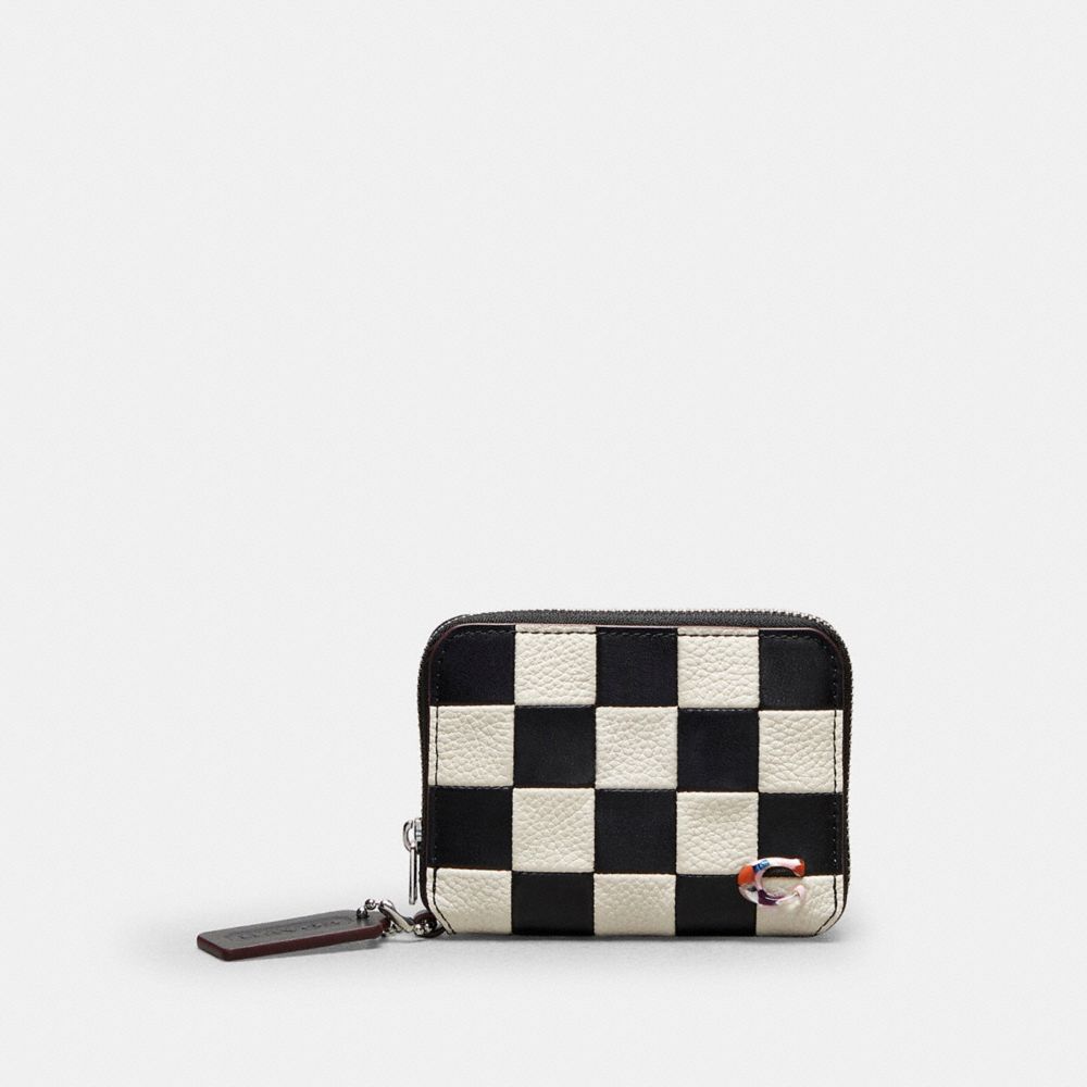 COACH®,Zip Around Wallet In Checkerboard Upcrafted Leather,Mini,Checkerboard,Black/Chalk,Front View