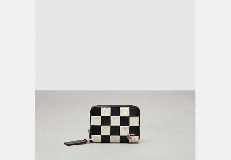 COACH®,Zip Around Wallet in Checkerboard Upcrafted Leather,Mini,Checkerboard,Black/Chalk,Front View
