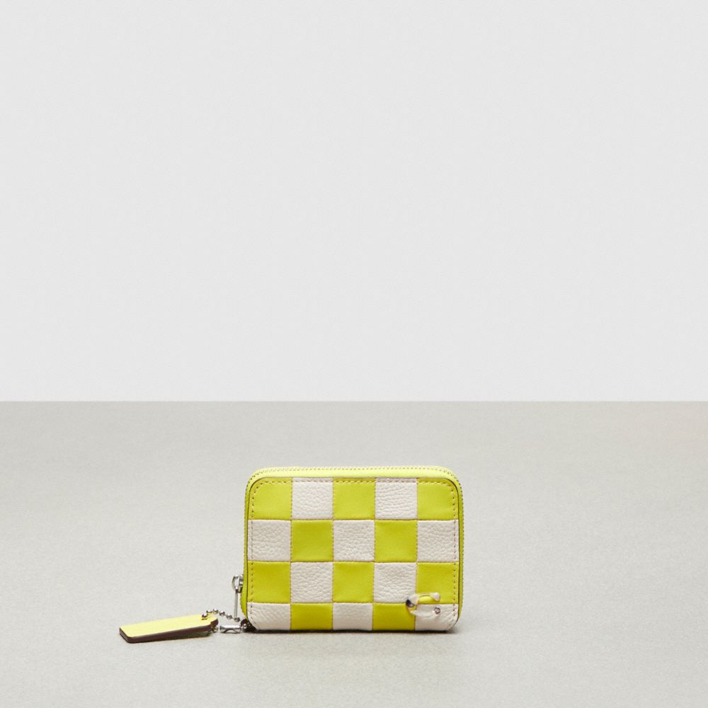 COACH®,Zip Around Wallet In Checkerboard Upcrafted Leather,Mini,Checkerboard,Bright Yellow/Chalk,Front View image number 0
