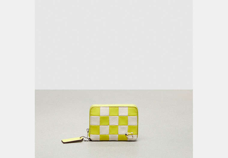 COACH®,Zip Around Wallet in Checkerboard Upcrafted Leather,Mini,Checkerboard,Bright Yellow/Chalk,Front View
