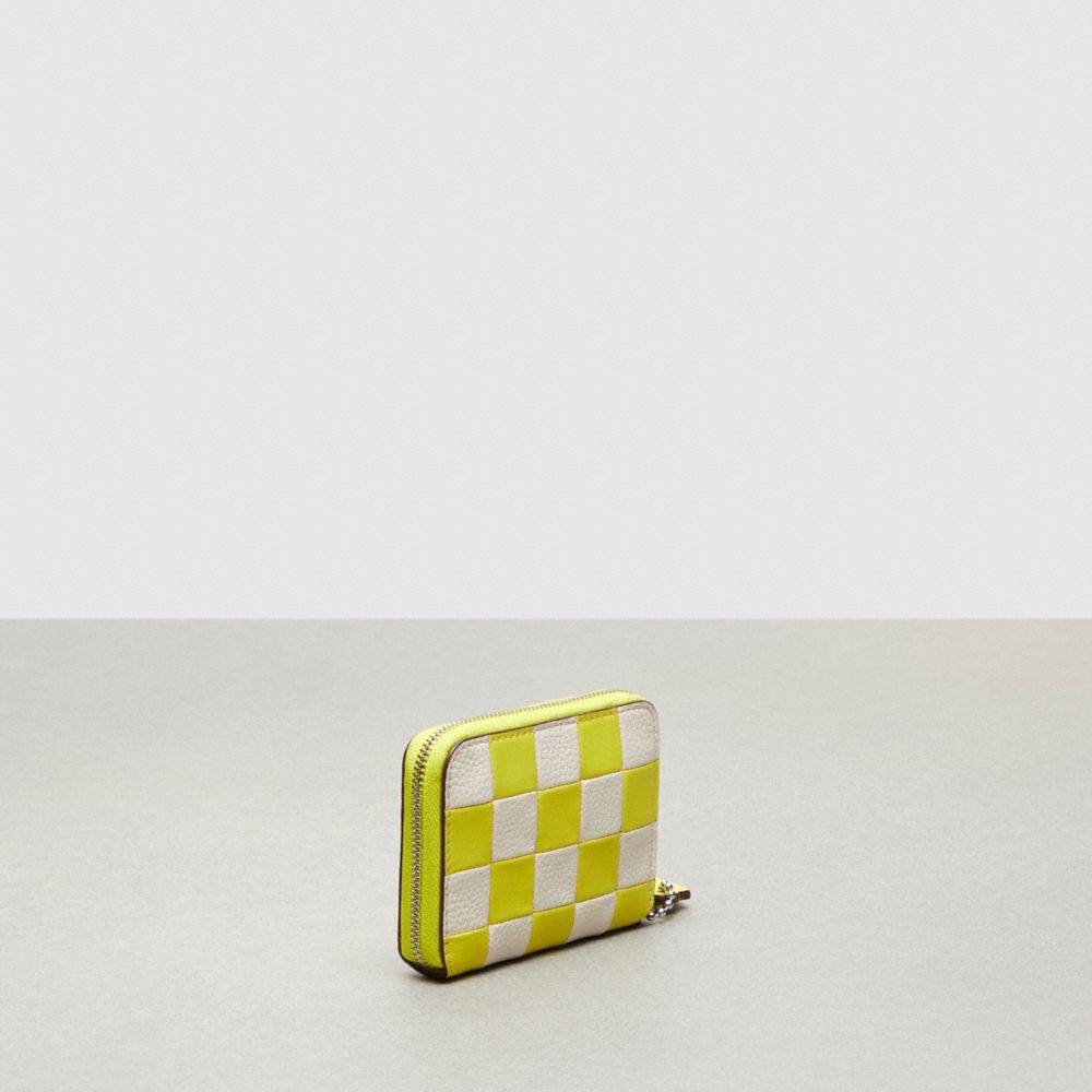 COACH®,Zip Around Wallet In Checkerboard Upcrafted Leather,Mini,Checkerboard,Bright Yellow/Chalk,Angle View